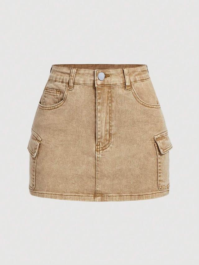 tan denim cargo mini skirt