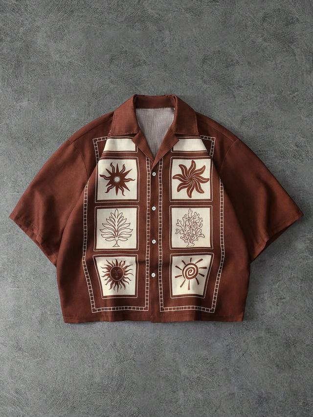 brown and cream graphic print camp collar shirt