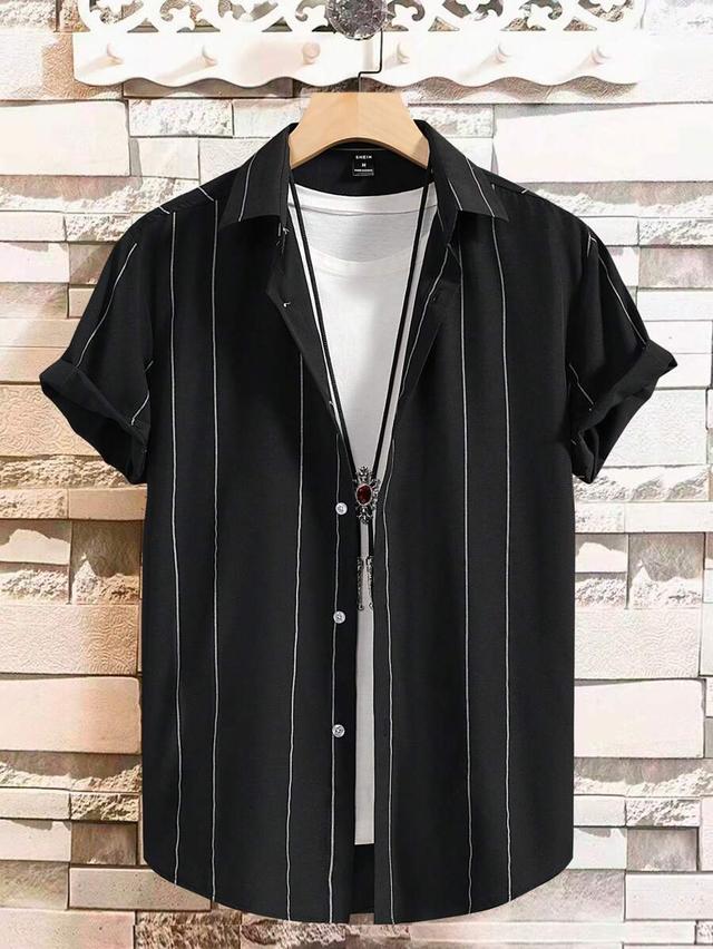 black striped short sleeve button down shirt