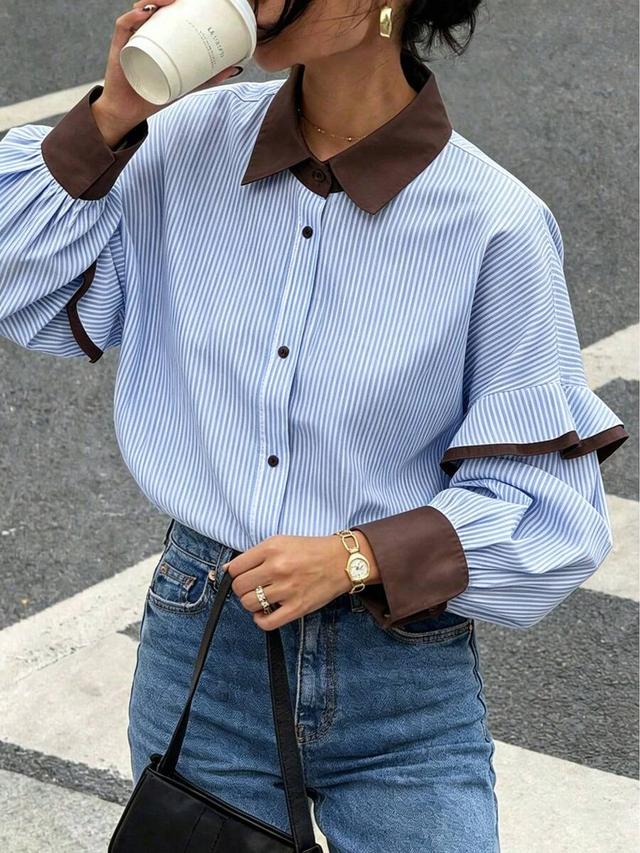 retro contrast collar striped shirt with ruffled cuffs