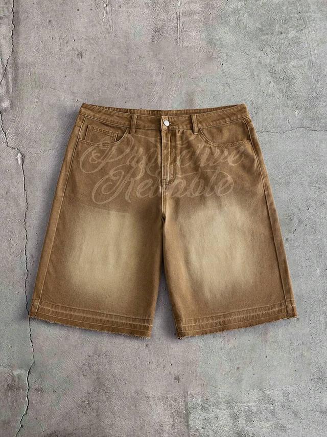 washed khaki letter print denim shorts