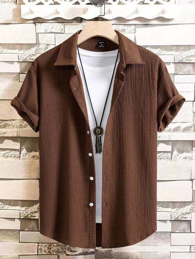 brown textured short sleeve button up shirt