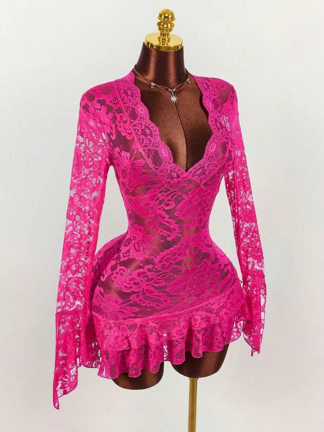 hot pink lace long sleeve mini dress