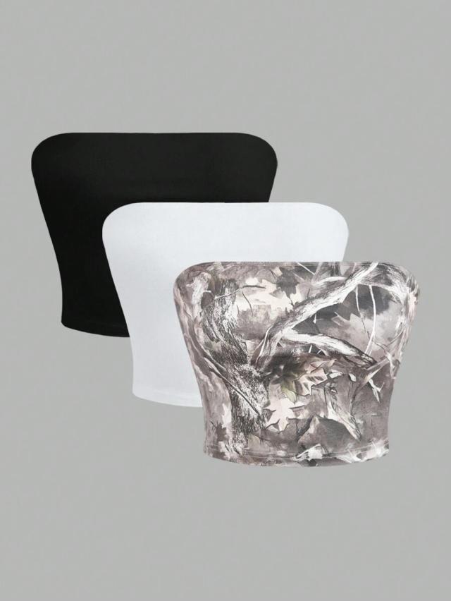 white three tube top in black white and camo print