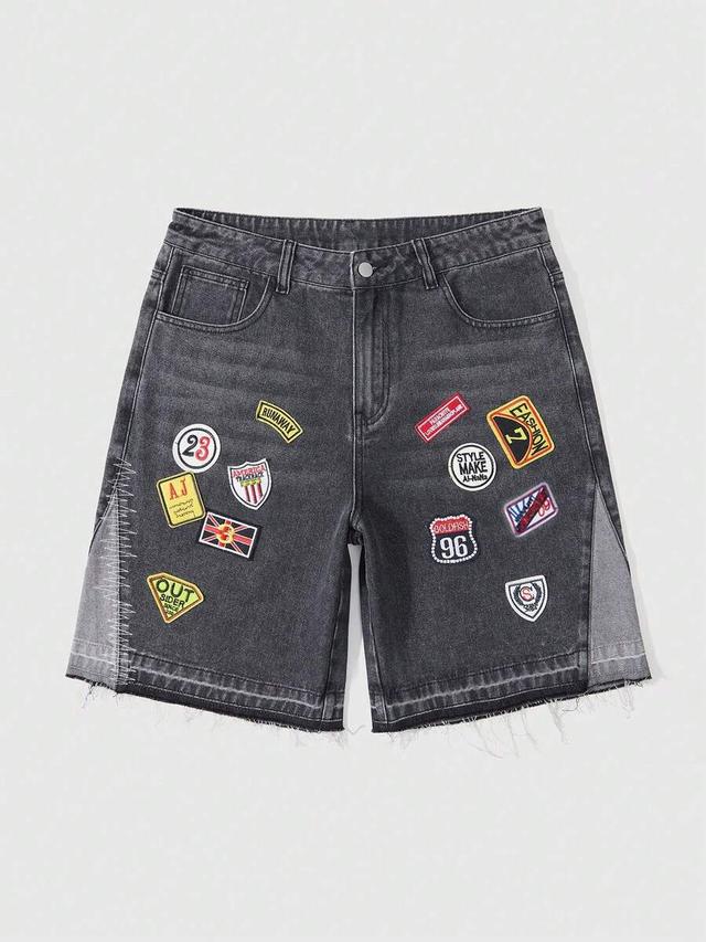 graphic embroidered frayed hem denim shorts