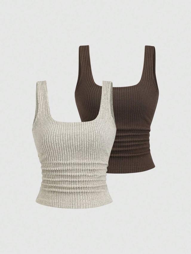 light grey and brown ribbed knit tank top set