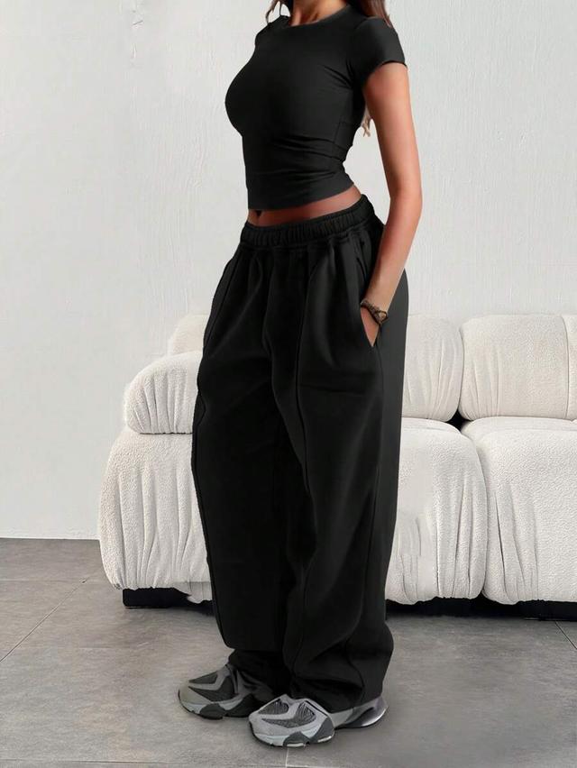 casual loose plain color drawstring waist sweatpants
