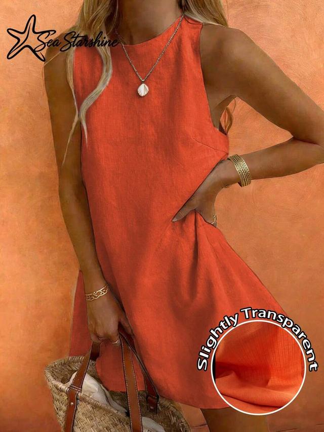 orange sleeveless linen blend shift dress