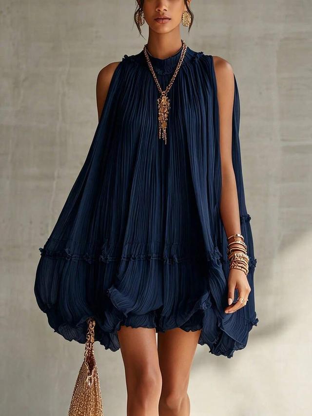 sleeveless pleated a-line babydoll short dress