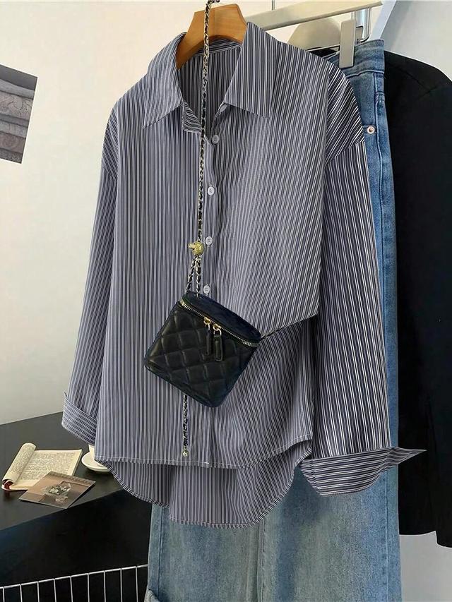 women's drop shoulder long sleeve button front striped shirt