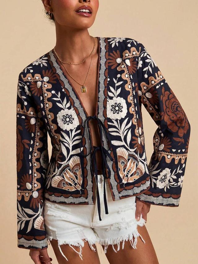 embroidered floral print long sleeve cropped loose blouse