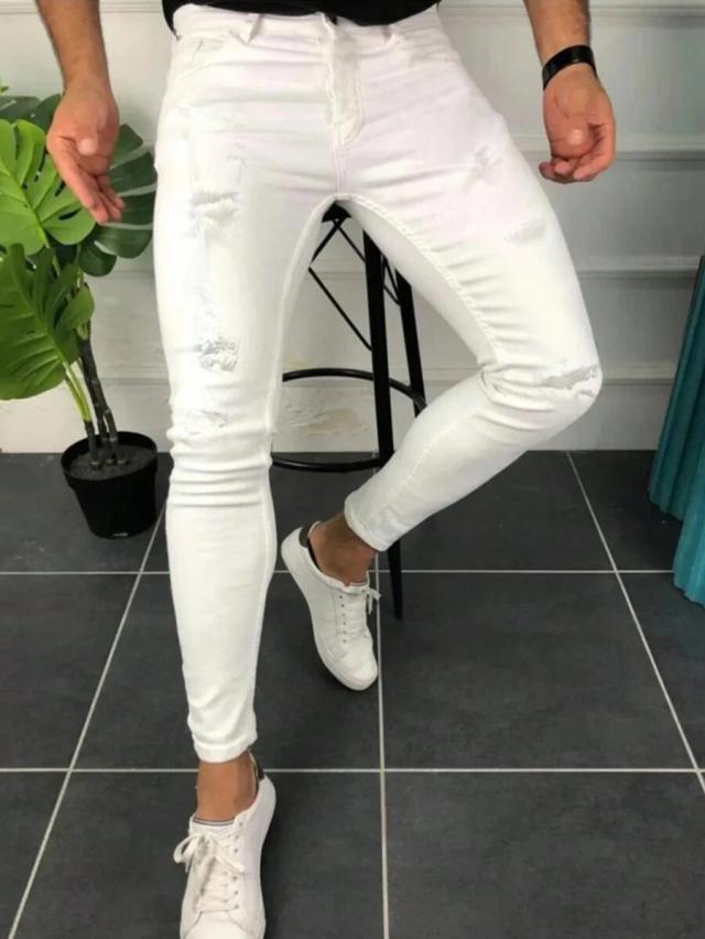 men's white skinny fit distressed stretch denim jeans