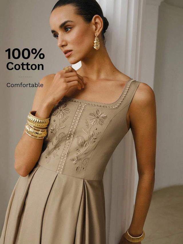 zeylah elegant square collar embroidered sleeveless dress