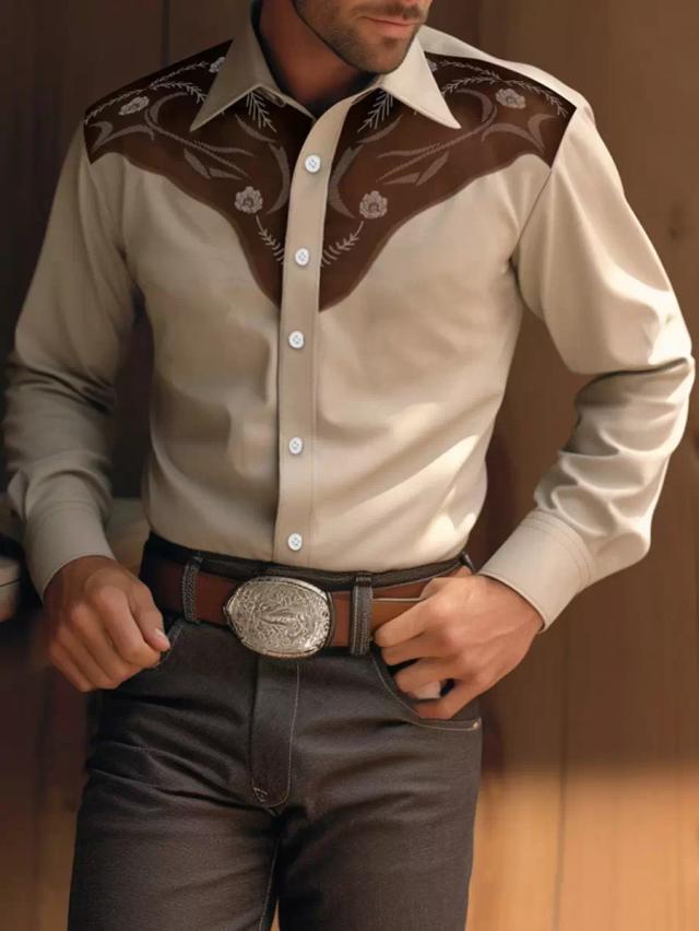 beige long sleeve western shirt with embroidered yoke