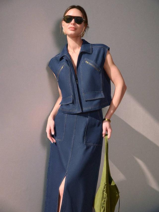 sleeveless denim vest and matching mid-length skirt set