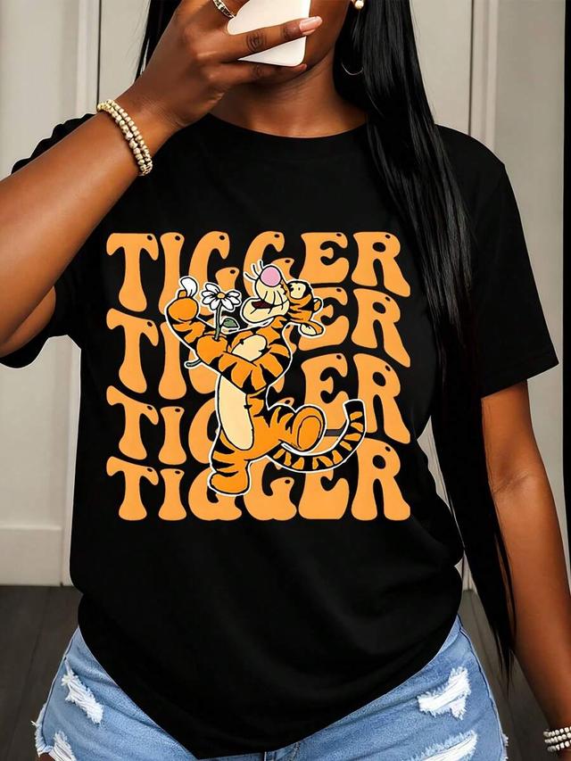 disney tigger character print black cotton t-shirt