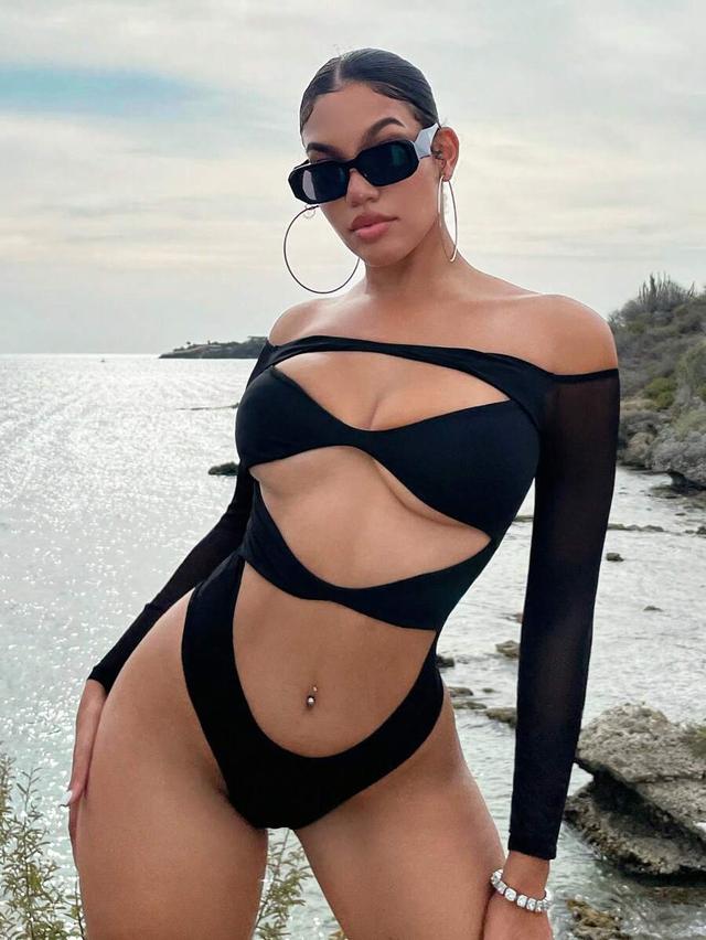 black off shoulder cut out long sleeve bodysuit