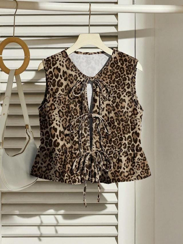 leopard print denim vest with bowknot and ruffle