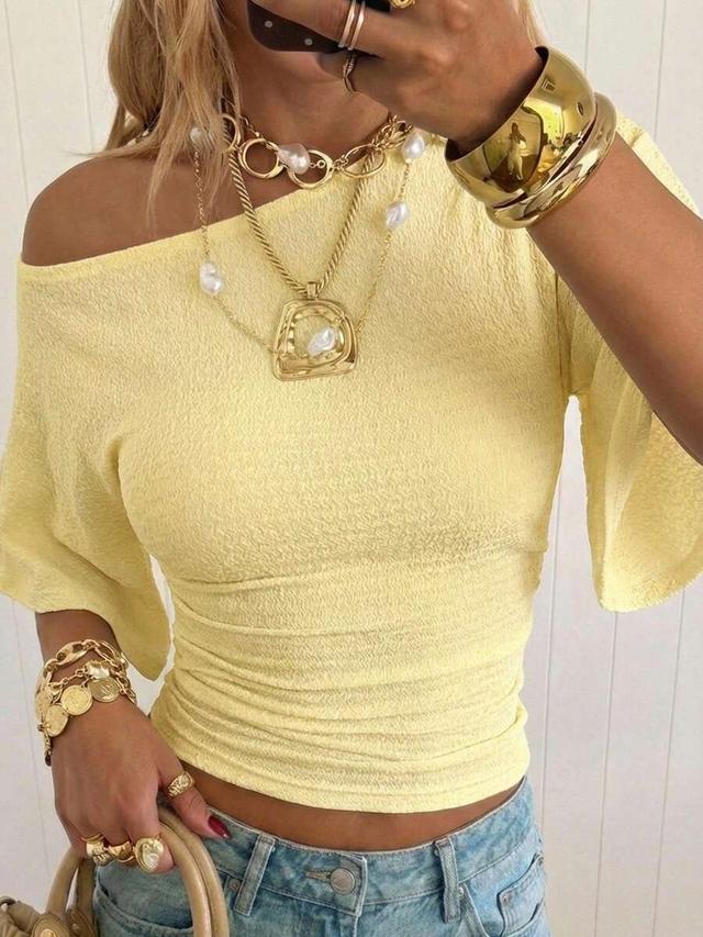 yellow asymmetrical neck ruched fitted cropped t-shirt