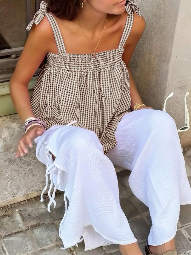 picnic solid color plaid cropped camisole top