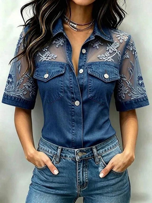 denim button-up shirt with floral mesh yoke and sleeves