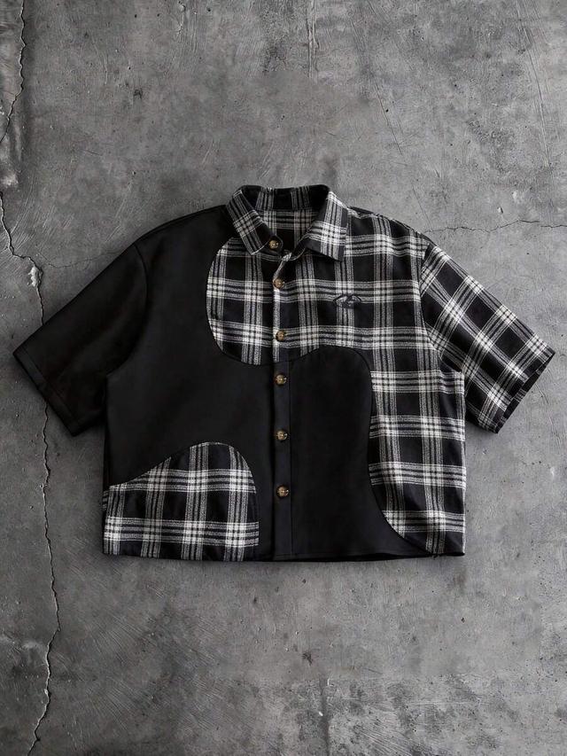 black and white plaid patchwork short sleeve shirt