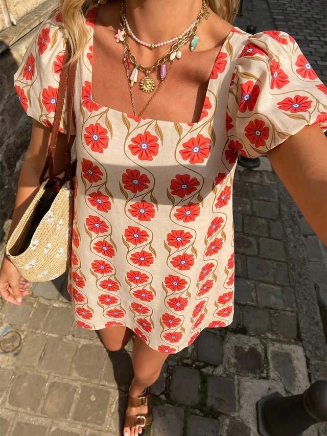floral print square neck puff sleeve mini dress