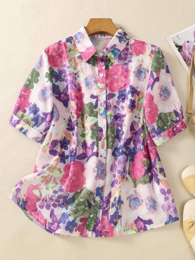women's floral print loose short sleeve collared shirt
