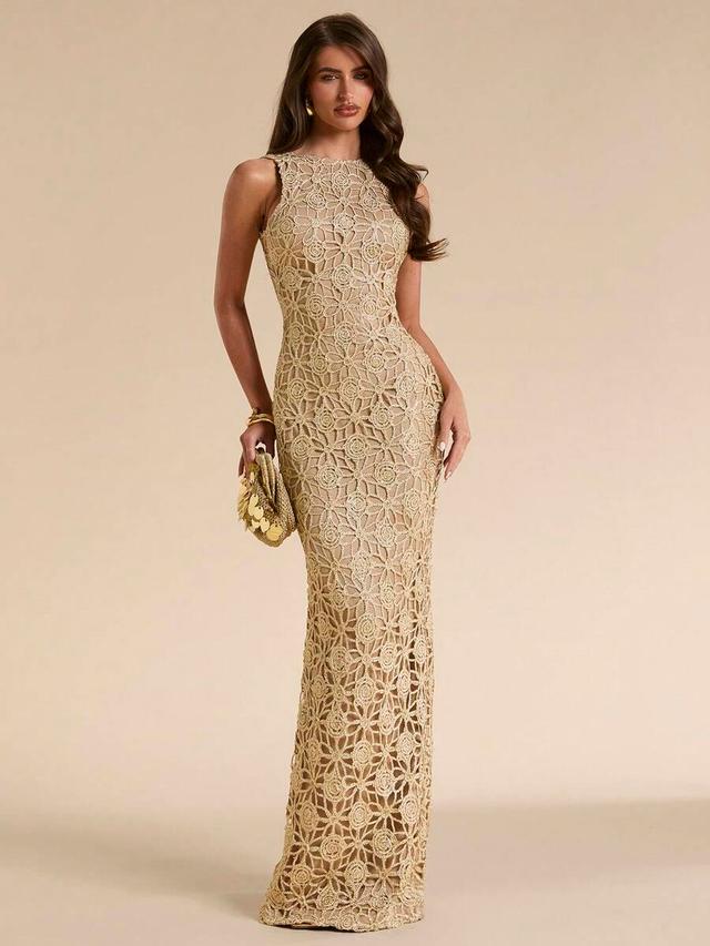 gold floral crochet sleeveless slim fit maxi dress