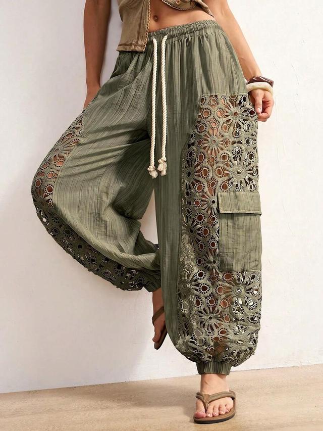 boho woven patchwork loose fit light grey trousers