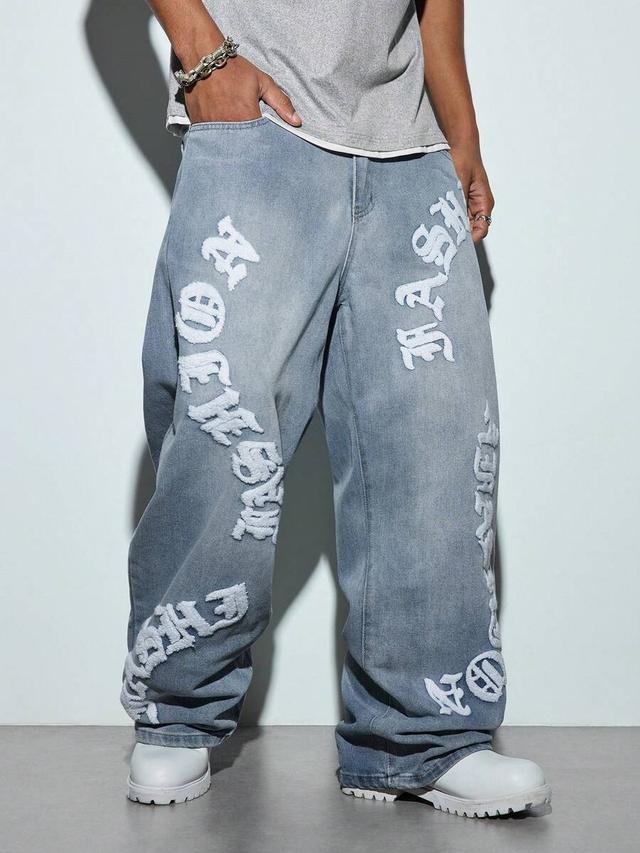 modcrash casual loose fit straight leg jeans with towel texture embroidery