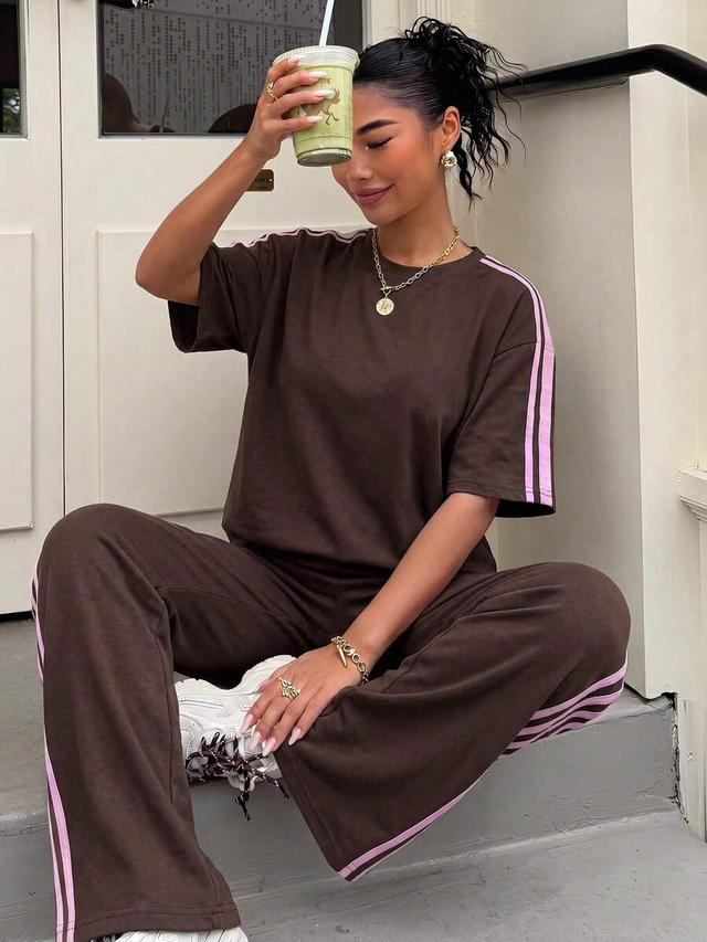 brown striped crew neck loungewear set