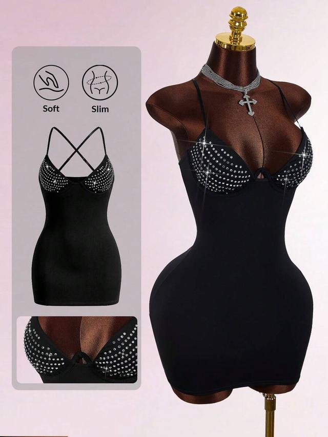 black sleeveless rhinestone embellished backless bodycon mini dress