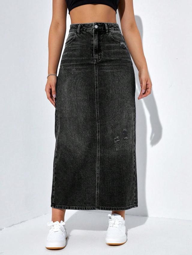 distressed black denim midi skirt