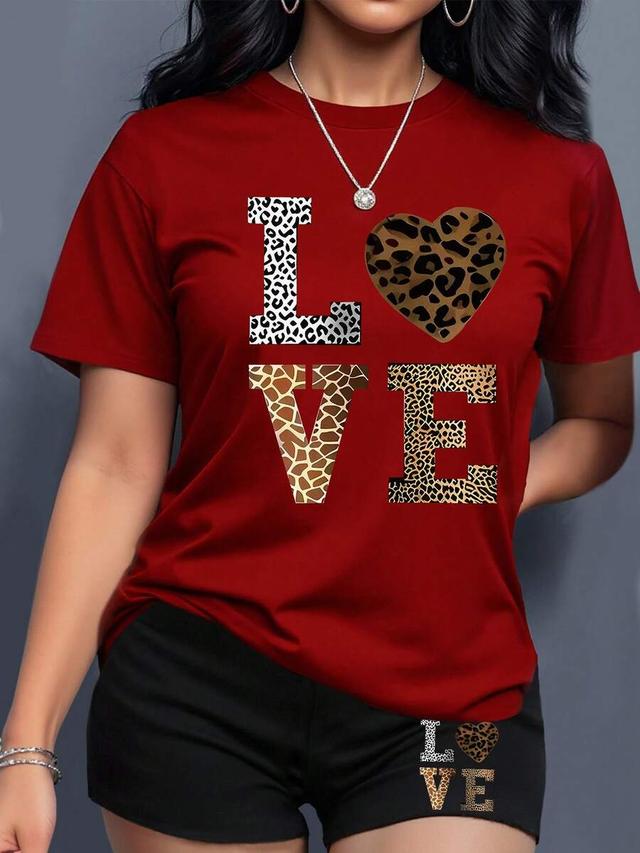 red leopard print letter graphic short sleeve t-shirt