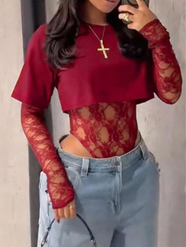 red lace patchwork short sleeve bodysuit