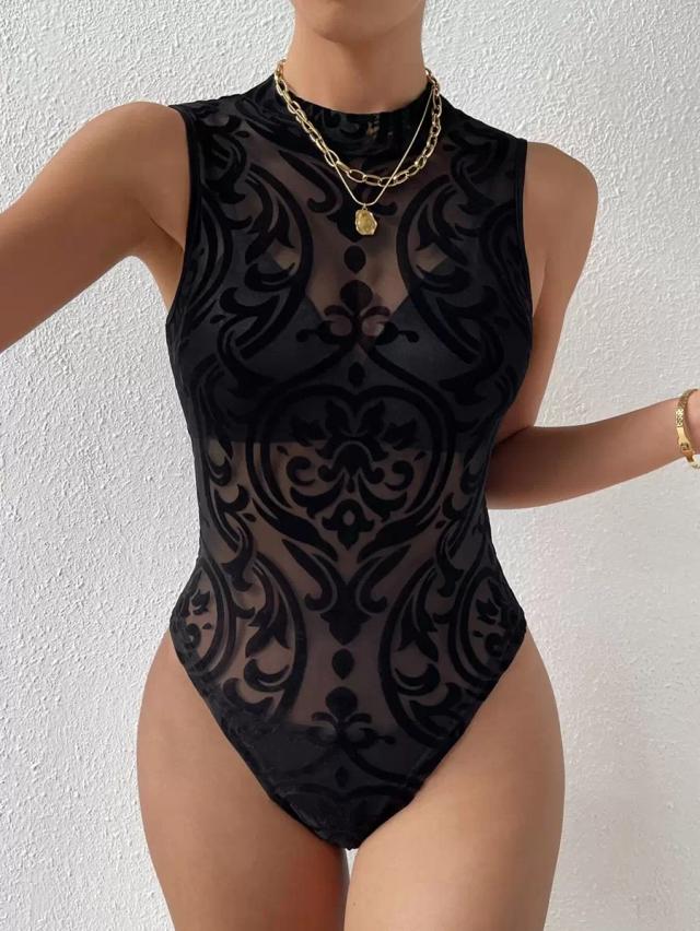 black baroque print mock neck mesh bodysuit