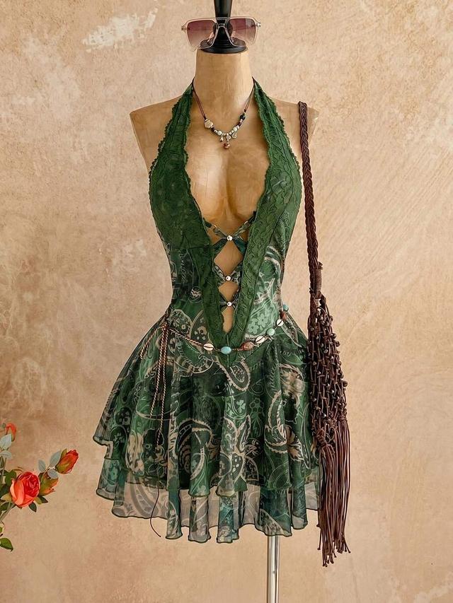 green paisley print halter dress with lace trim
