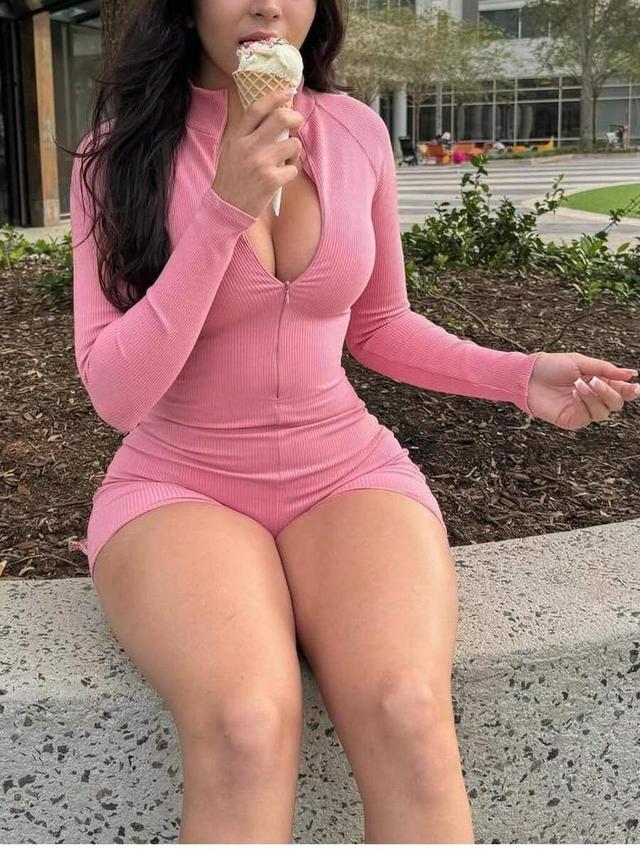 pink ribbed long sleeve zip-up crop jumpsuit