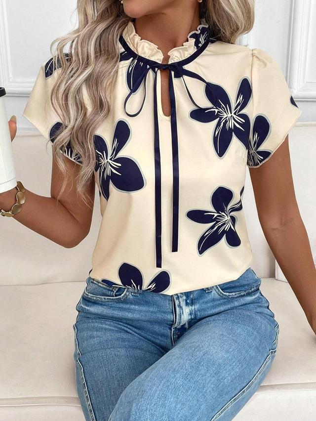 navy floral print frill trim blouse