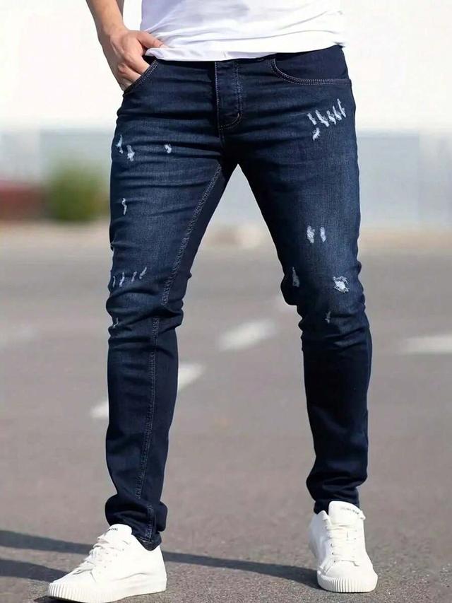 men's dark blue slim straight distressed stretch jeans