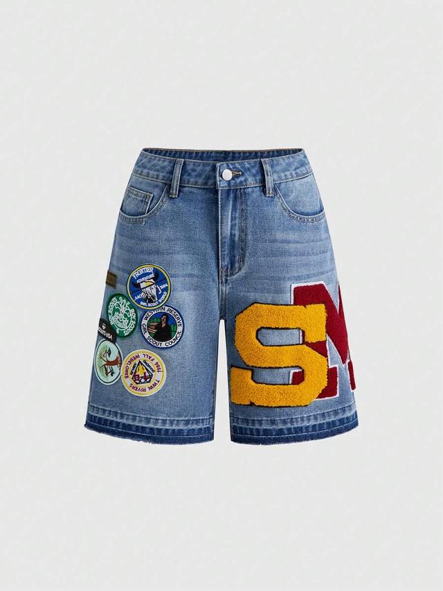 denim shorts with varsity patches and graphic embroidery