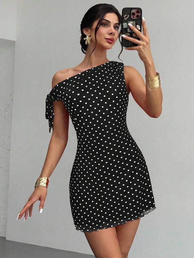 polka dot asymmetrical off-shoulder mini dress