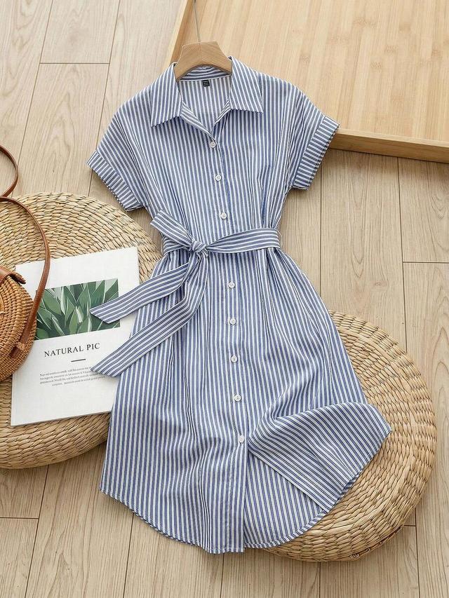 blue and white striped cotton shirt dress