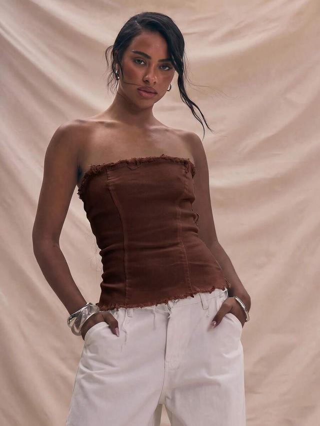 musera distressed brown denim bandeau cinched waist top