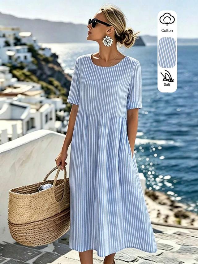 blue and white striped round neck short sleeve dress