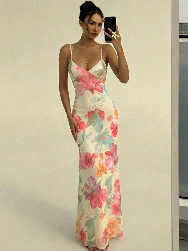 floral print spaghetti strap tie-up bodycon midi dress
