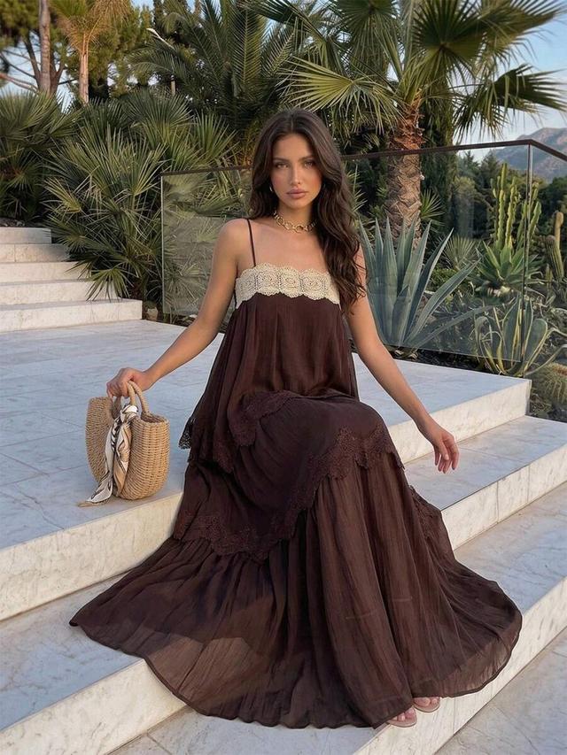 brown lace trim tiered tropical slip dress