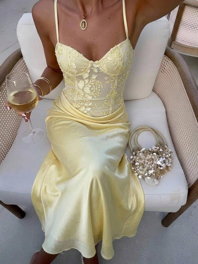 yellow floral embroidered corset bodice satin mermaid dress