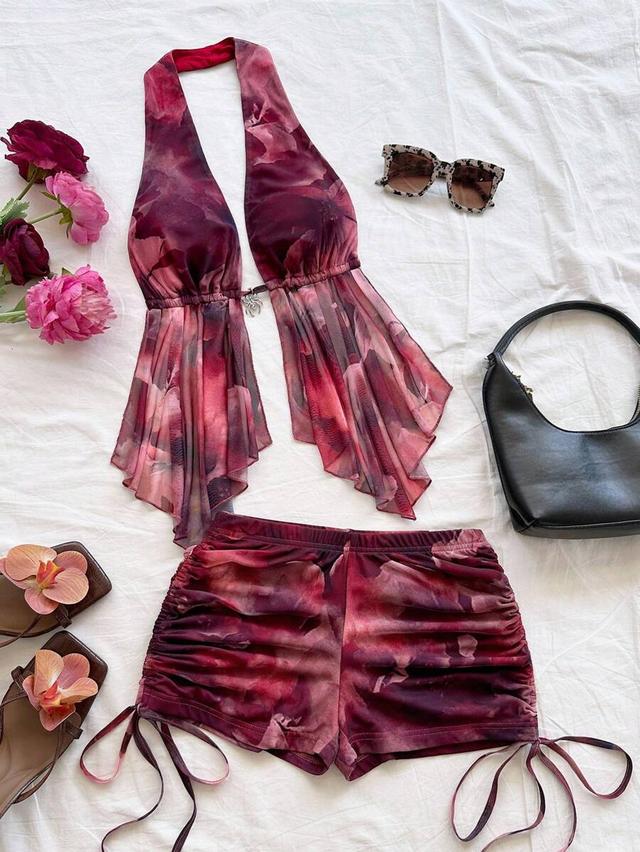 burgundy floral soleia dark purple tropical halter blouse and shorts set